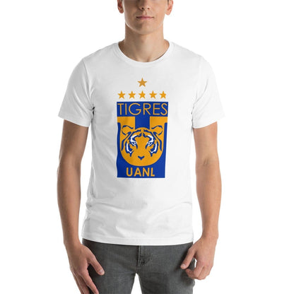 A person wearing a white crew neck t-shirt with the Tigres UANL logo in the center, which features a tiger and stars in blue and yellow colors.