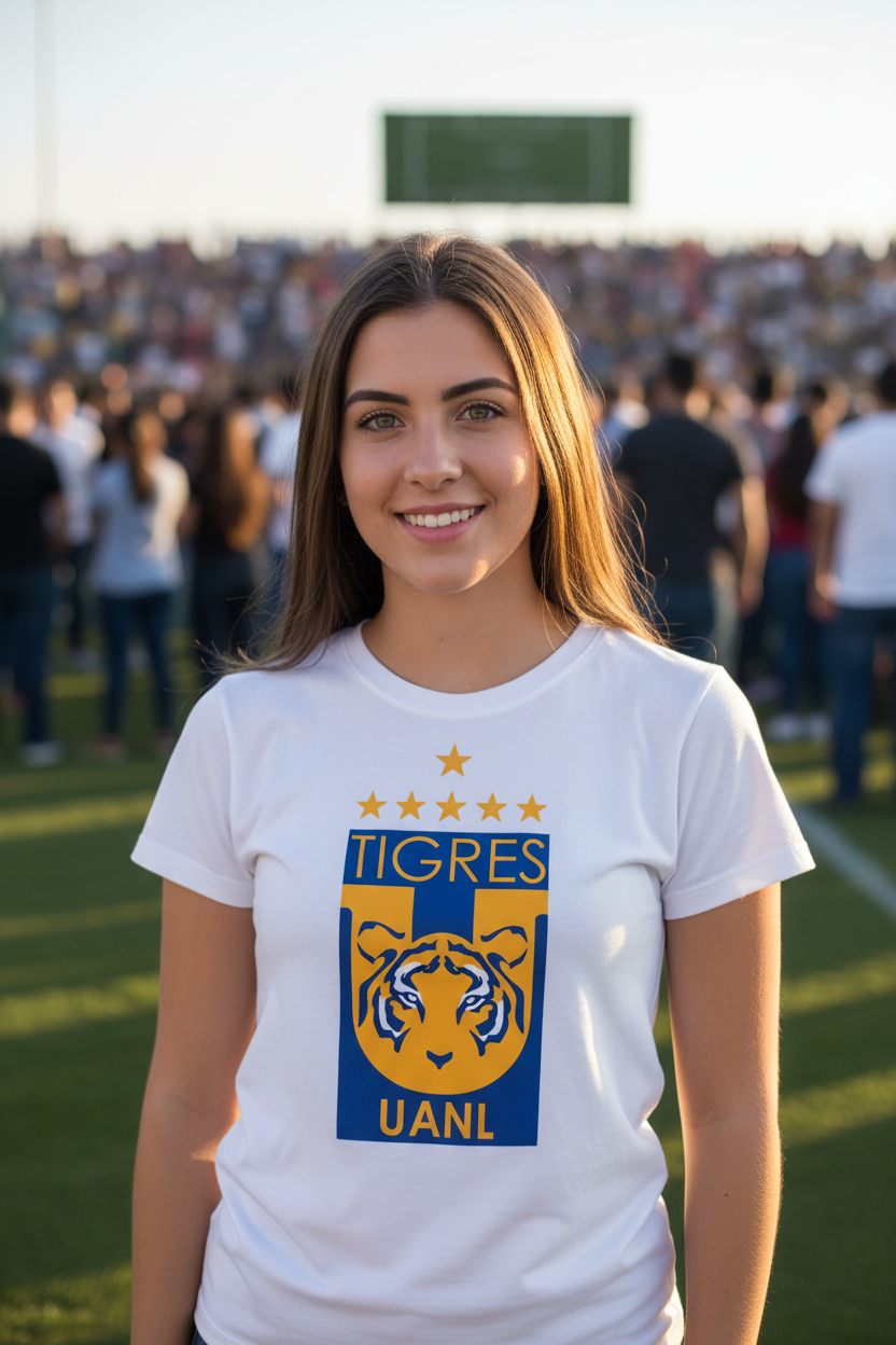 A smiling young woman stands on a football field wearing a white T-shirt with a large blue and yellow Tigres UANL graphic on the front, with a blurred crowd and stadium in the background.