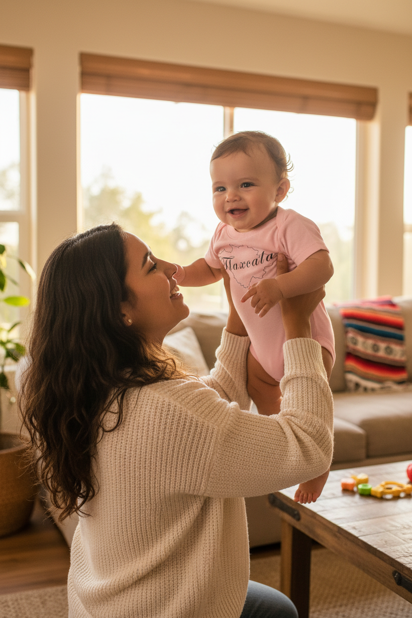 A short-sleeved pink baby T-shirt with the text 'Tlaxcala' printed in a stylized font.