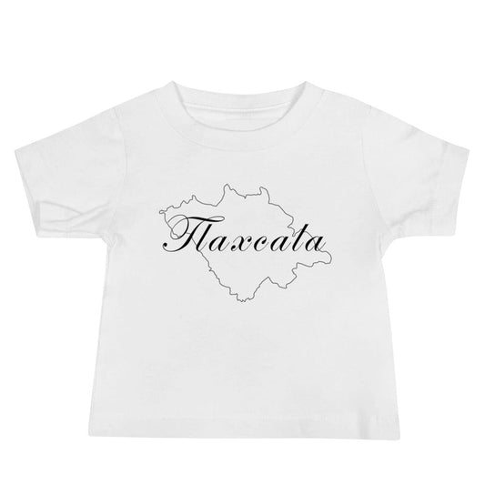 White baby short-sleeve T-shirt with Tlaxcala map graphic and script