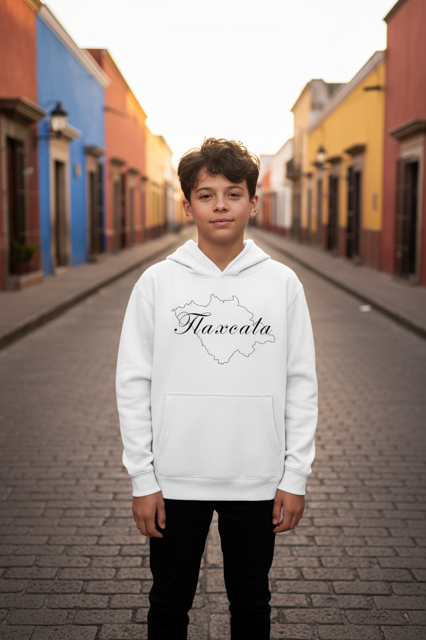 A child wearing a light gray fleece hoodie with 'Tlaxcala' text on it.