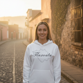 A woman wearing a white hoodie with the text 'Tlaxcala' printed on the front in black script.