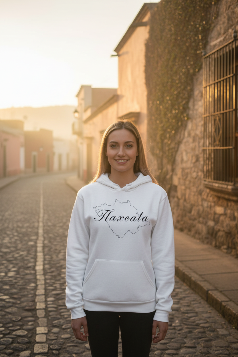 A woman wearing a white hoodie with the text 'Tlaxcala' printed on the front in black script.