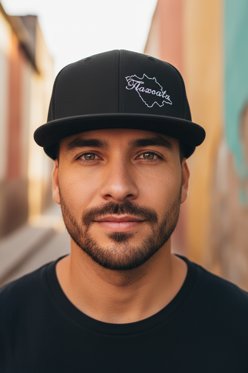 A black snapback hat with a structured high profile, featuring a flat visor and a grey under visor. It has a white embroidered design on the front.