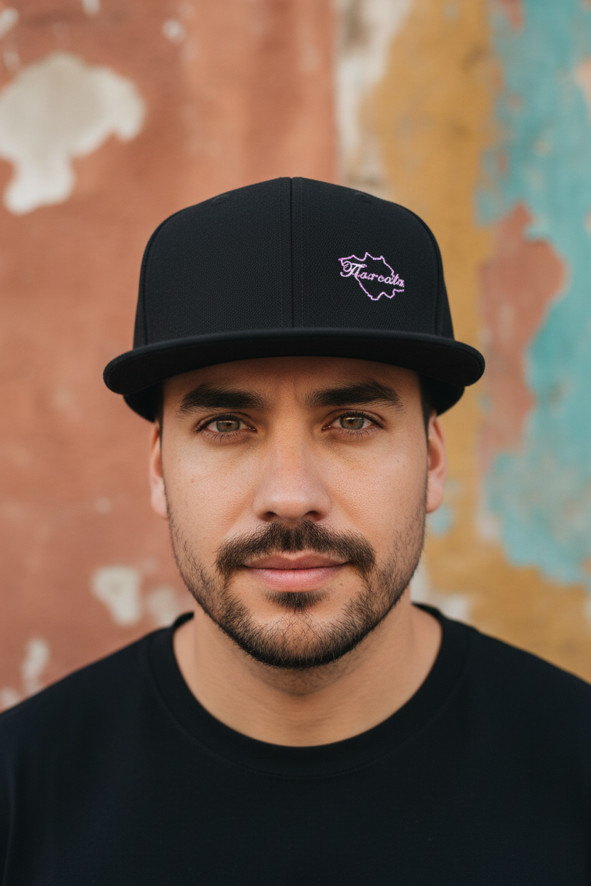 A man wearing a black snapback cap with a small purple embroidered logo that reads 'Hermana' against a textured, multicolored wall background.