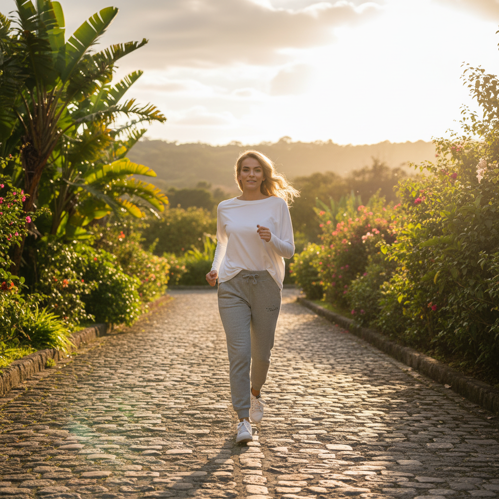 A woman jogging on a sunlit cobblestone path surrounded by lush green garden plants and trees.