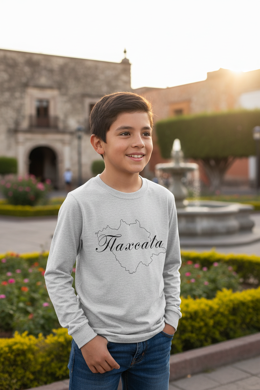 A child wearing a long sleeve gray T-shirt with the text 'Tlaxcala' printed on the front.