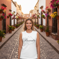 A woman wearing a white unisex muscle tank top with the text 'Tlaxcala' written in a stylized font on the front.