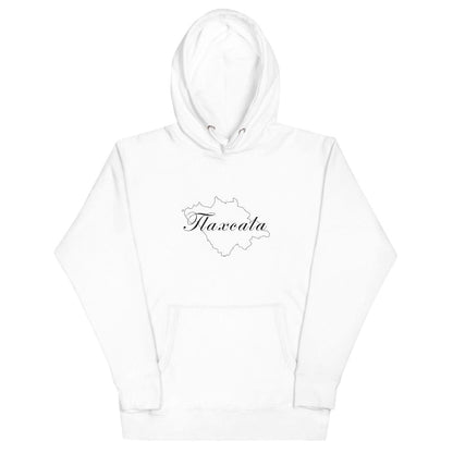 A white hoodie with 'Tlaxcala' text on the front, featuring a hood and a front pouch pocket.