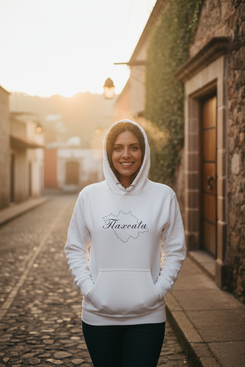 A white hoodie with 'Tlaxcala' text on the front, featuring a hood and a front pouch pocket.