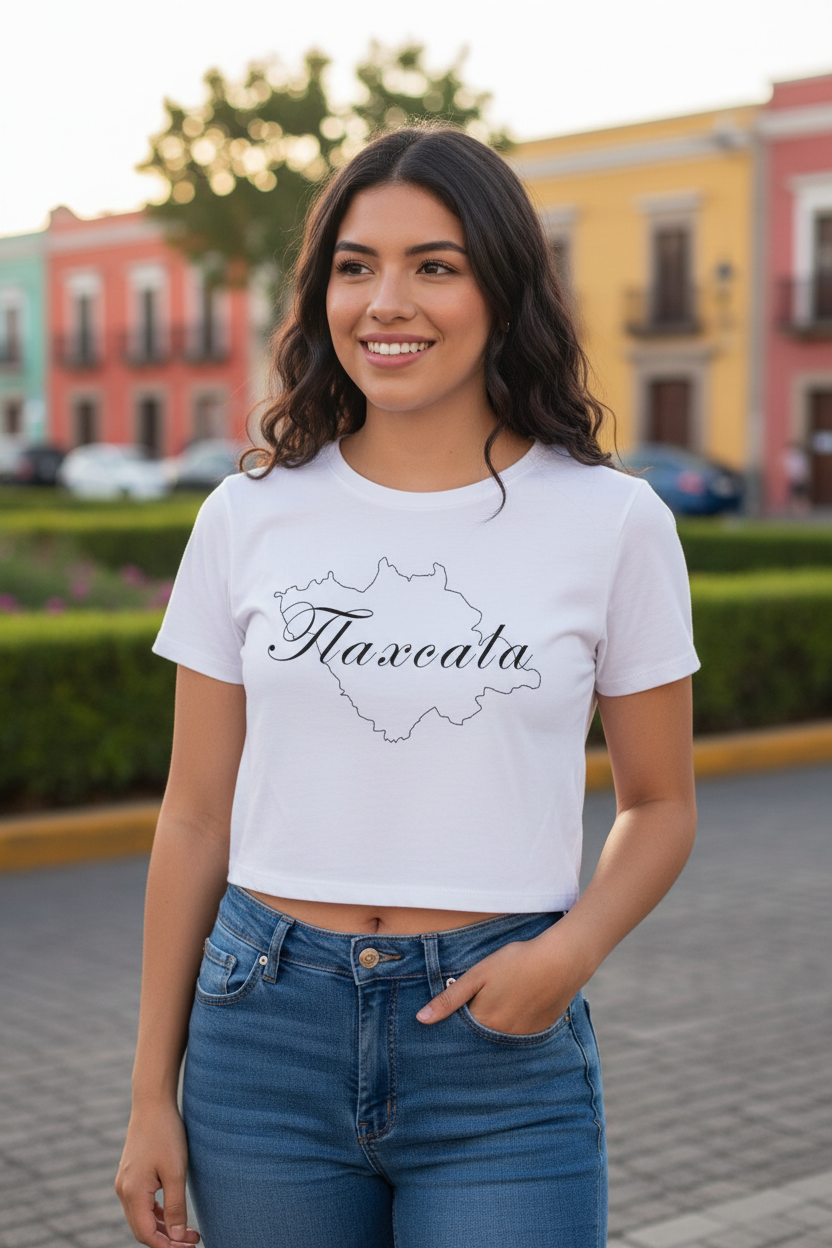 A woman wearing a white short-sleeved crop t-shirt with the word 'Tlaxcala' printed in black script on the front, paired with blue jeans.