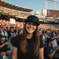 A smiling woman in a black t-shirt and black Toros de Tijuana baseball cap stands in a crowded outdoor stadium during a game, with fans and stadium seating visible in the background.