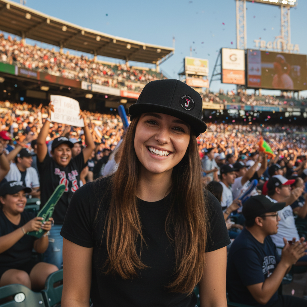 A smiling woman in a black t-shirt and black Toros de Tijuana baseball cap stands in a crowded outdoor stadium during a game, with fans and stadium seating visible in the background.