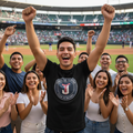 A group of young men celebrating at a baseball stadium, with the central figure wearing a black t-shirt featuring a circular logo that reads 'Toros de Tijuana' and 'Club de Beisbol'.