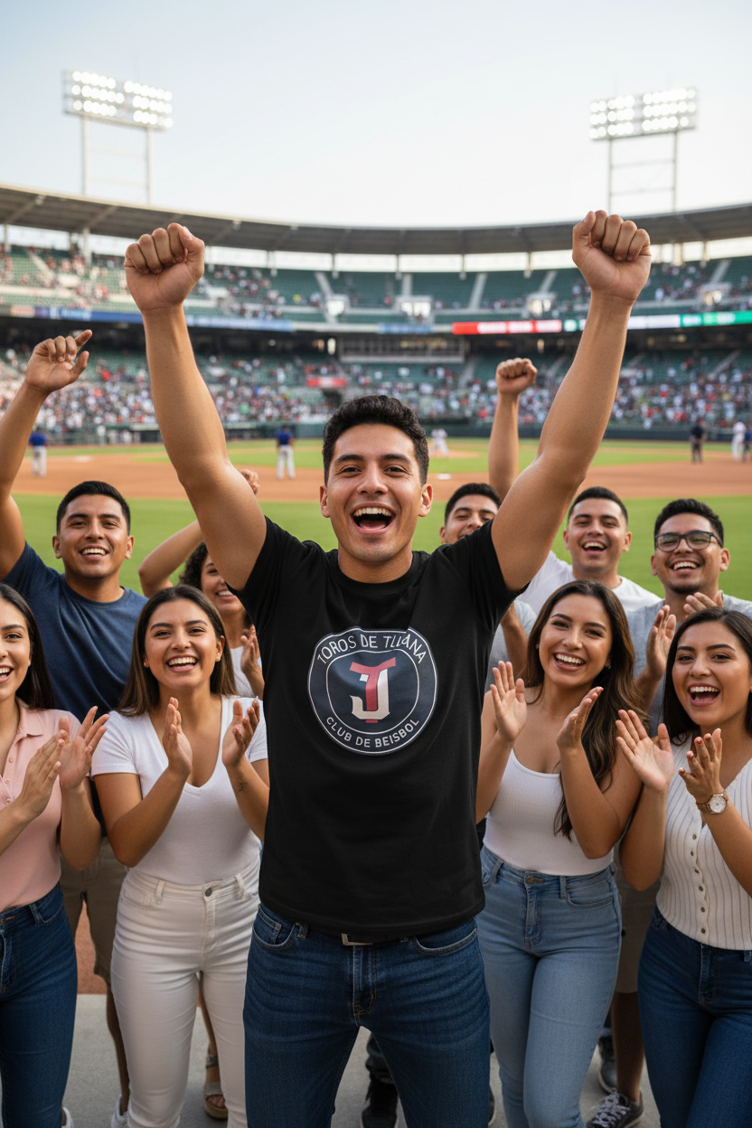 A group of young men celebrating at a baseball stadium, with the central figure wearing a black t-shirt featuring a circular logo that reads 'Toros de Tijuana' and 'Club de Beisbol'.