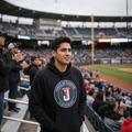 A man wearing a black hoodie with a circular 'Todos De Tijuana' baseball logo stands in a stadium crowd, with the field and stands visible in the background.