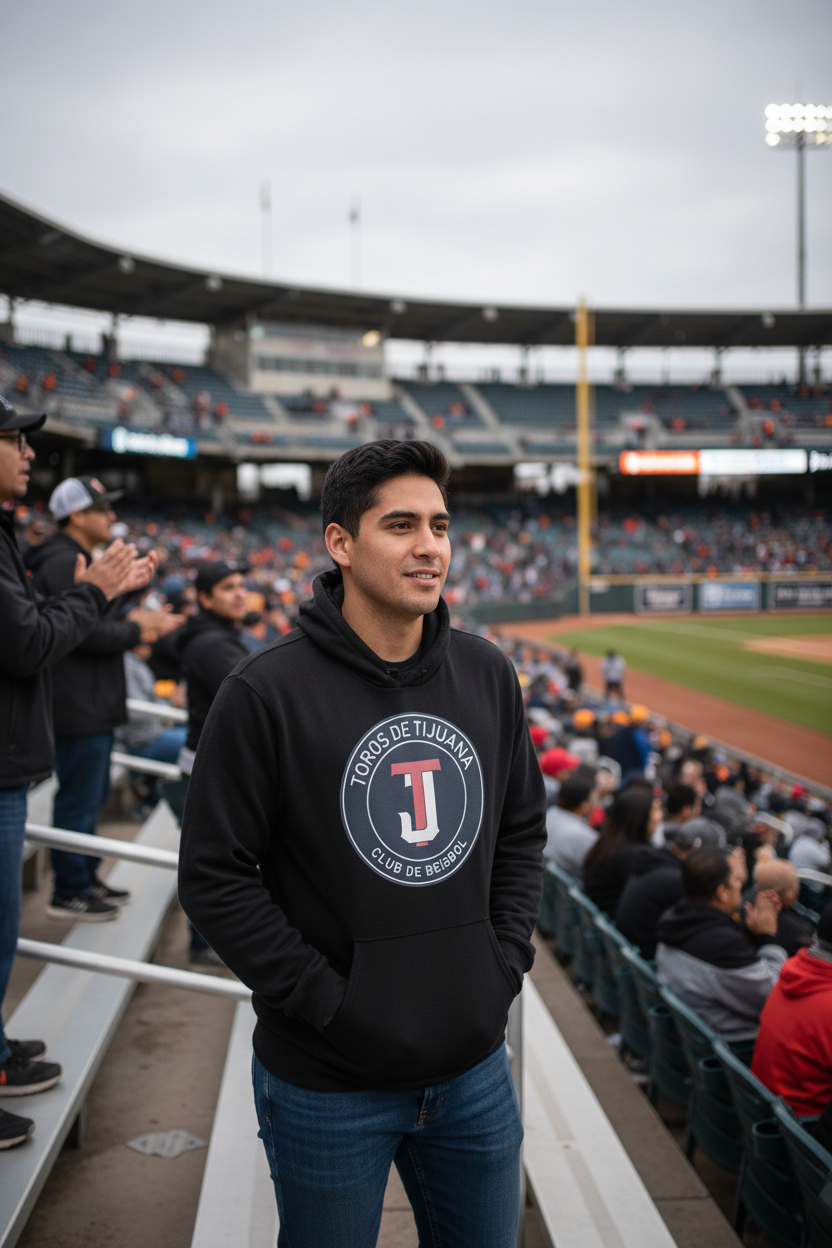 A man wearing a black hoodie with a circular 'Todos De Tijuana' baseball logo stands in a stadium crowd, with the field and stands visible in the background.