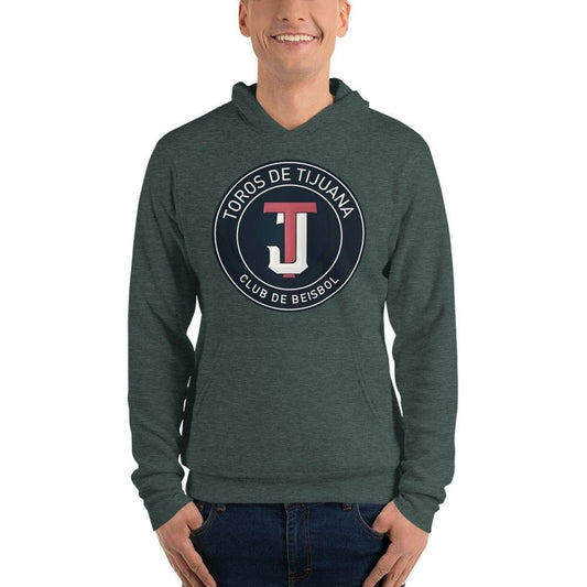 A person wearing a green unisex hoodie with 'Toros de Tijuana Club de Beisbol' logo on the front.