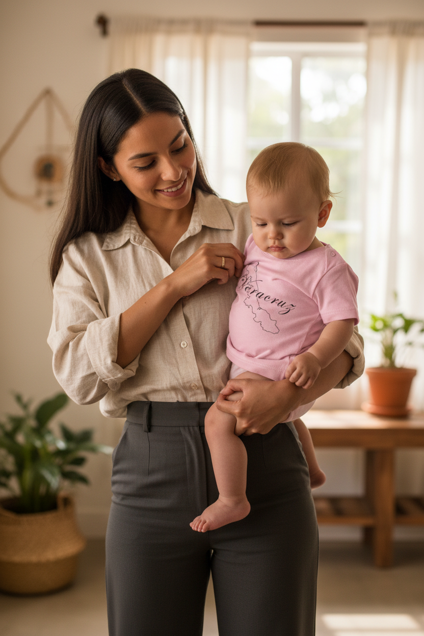 A short-sleeved pink baby T-shirt with 'Veracruz' text and a state outline graphic in black.