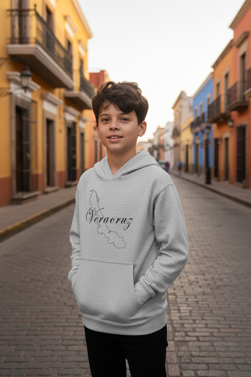 A child wearing a gray Veracruz fleece hoodie with a hood.