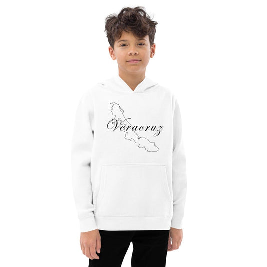 White fleece hoodie with hood, front pocket, and Veracruz graphic