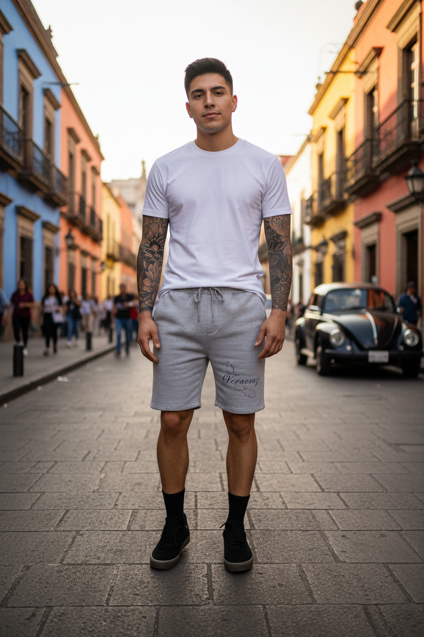 A pair of heather gray fleece shorts with an elastic waistband and drawstring, featuring lined hand pockets and a back pocket.