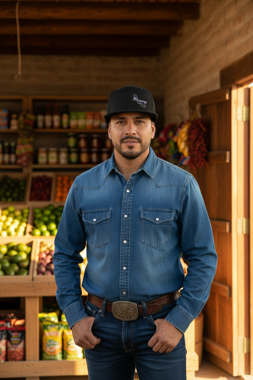 A man wearing a blue denim long-sleeve button-up shirt, dark blue jeans, a brown leather belt with a large silver buckle, and a black baseball cap stands in front of a rustic wooden wall and shelves of produce and goods.