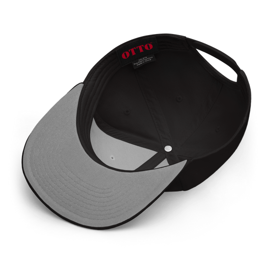 Inside view of a black and gray snapback hat showing the red OTTO brand label and gray brim.