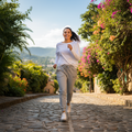 A woman jogging outdoors on a cobblestone path wearing a white long-sleeve top, light gray sweatpants, and white sneakers, with lush greenery and pink flowers on both sides.