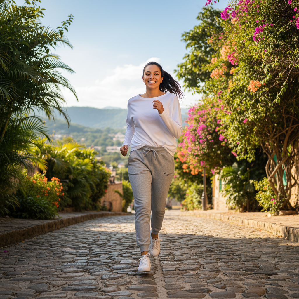 A woman jogging outdoors on a cobblestone path wearing a white long-sleeve top, light gray sweatpants, and white sneakers, with lush greenery and pink flowers on both sides.