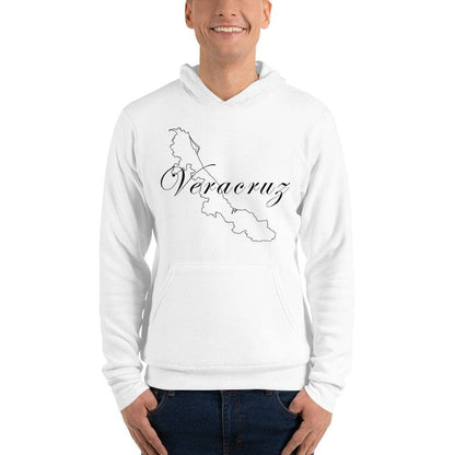 A person wearing a white Veracruz hoodie with a graphic print of the Veracruz state map in black.