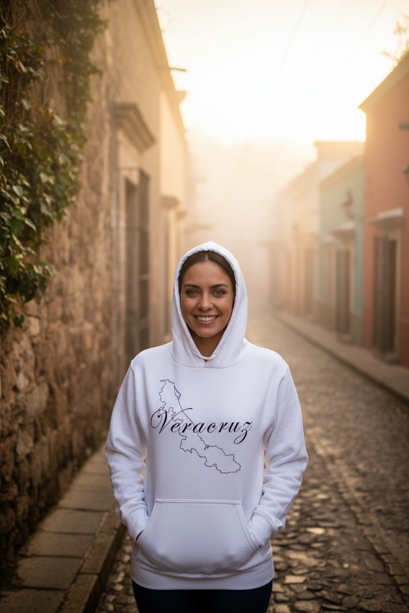 A person wearing a white Veracruz hoodie with a graphic print of the Veracruz state map in black.