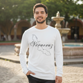 A person wearing a long sleeve white t-shirt with 'Veracruz' text on the front.