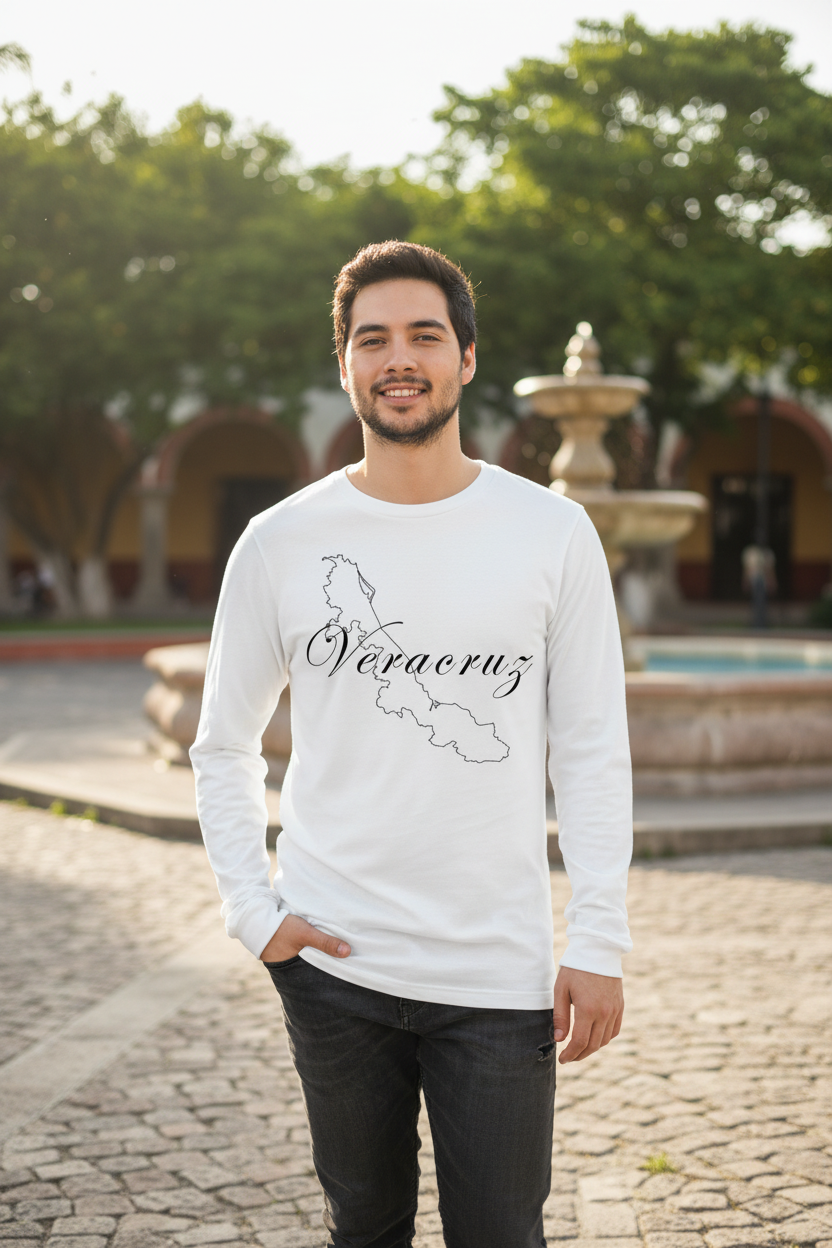 A person wearing a long sleeve white t-shirt with 'Veracruz' text on the front.