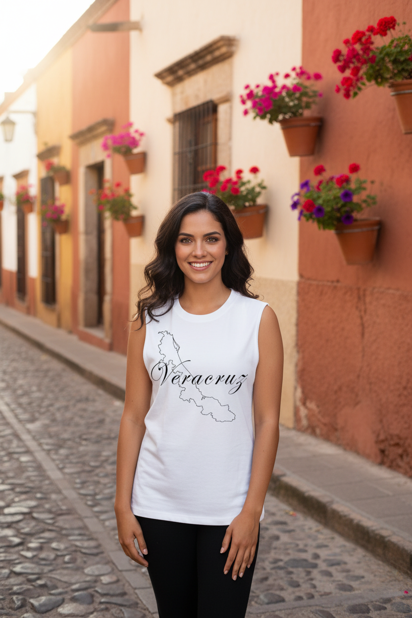 A woman wearing a white muscle tank top with the text 'Veracruz' printed on the front.