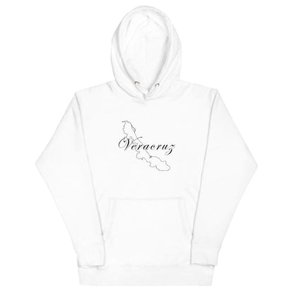 A white Veracruz unisex premium hoodie with a hood and front pouch pocket, displayed against a plain background.