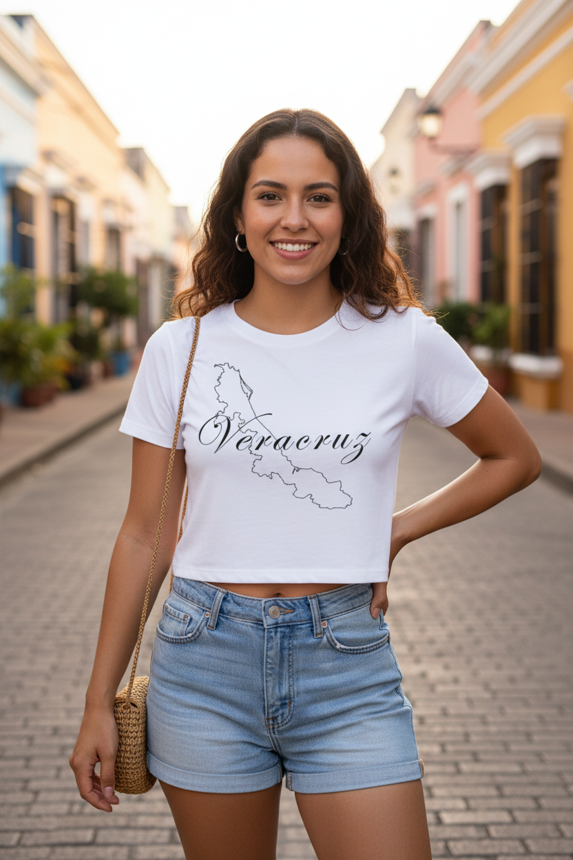 A woman wearing a white short-sleeved crop t-shirt with 'Veracruz' text printed on the front, paired with blue jeans.