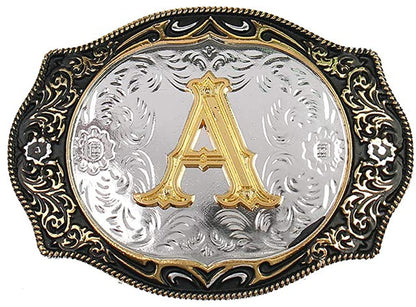Western Belt Buckle with Gold Letters A-Z, A, One Size