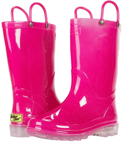 Kids' waterproof rain boots in bright pink with clear light-up outsole