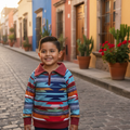 A long sleeve baby boy's t-shirt with a red zipper lapel and multicolored geometric patterns.