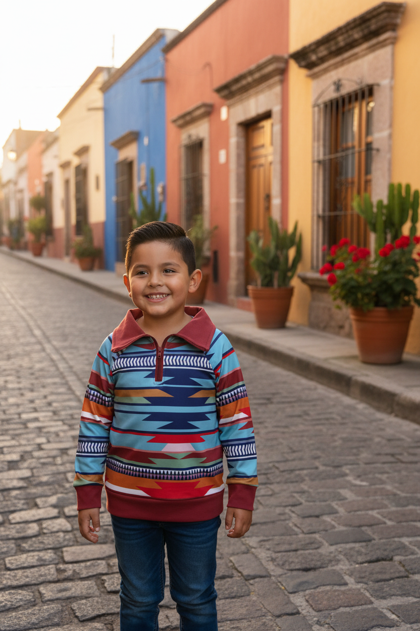 A long sleeve baby boy's t-shirt with a red zipper lapel and multicolored geometric patterns.