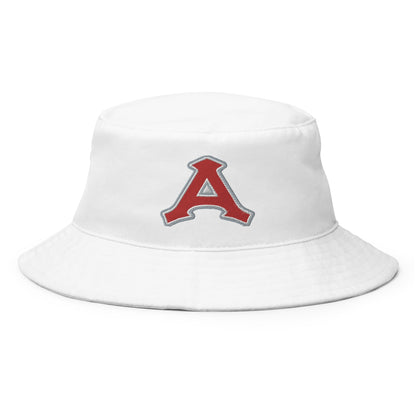 White cotton twill bucket hat with a red 'A' logo on the front.