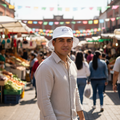 A man wearing a white Aguascalientes bucket hat and a light beige button-up shirt stands in a bustling outdoor market street with colorful flags and market stalls in the background.