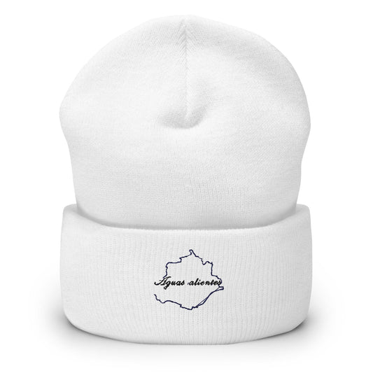 A white cuffed beanie with 'Aguascalientes' text embroidered on the fold.