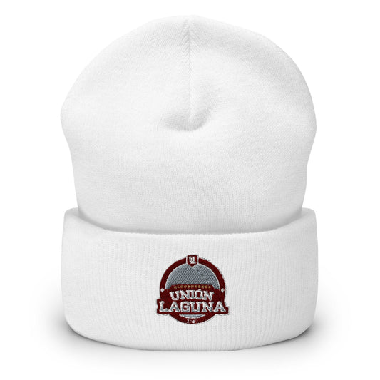 White cuffed beanie with 'Union Laguna' branding on the front.