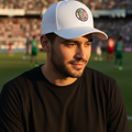 A man wearing a white baseball cap with a circular multicolor Atletico San Luis logo and a black t-shirt, photographed outdoors at a stadium during golden hour with a blurred crowd in the background.