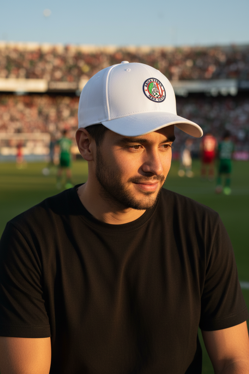 A man wearing a white baseball cap with a circular multicolor Atletico San Luis logo and a black t-shirt, photographed outdoors at a stadium during golden hour with a blurred crowd in the background.