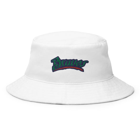 White cotton twill bucket hat with 'Bravos de Leon' logo embroidered on the front.