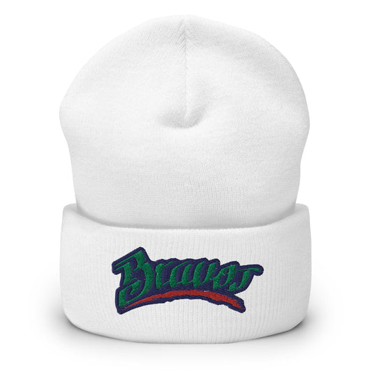 A white beanie with the 'Bravos de Leon' logo embroidered in green, blue, and red on the front.