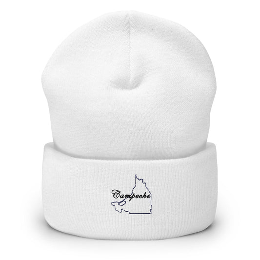 white cuffed beanie with 'Campeche' text embroidered on the fold.